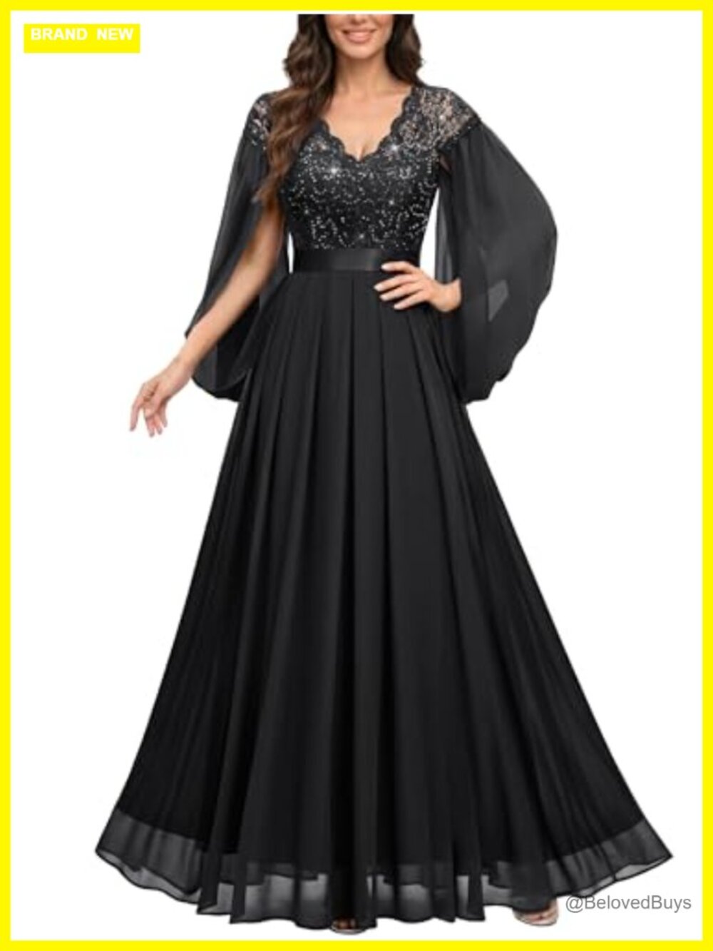 V-Neck Sequin Lace Cape Sleeve Formal Evening Gown Bridesmaid